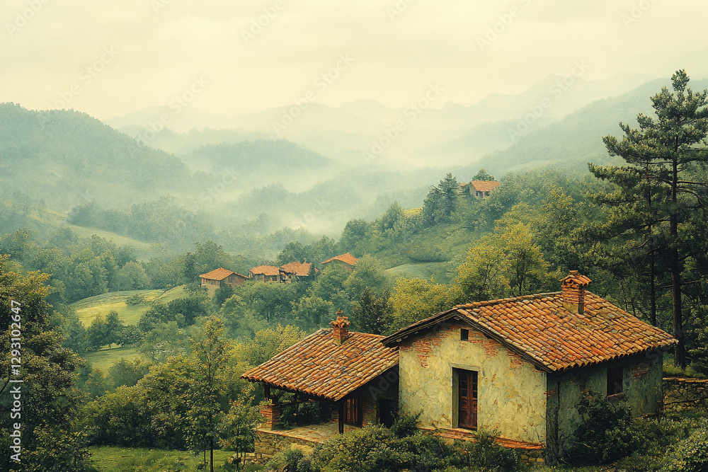 Hidden Houses Amidst Verdant Mountains, A Serene Countryside Vista Hidden Houses Amidst Verdant Mountains, A Serene Countryside Vista