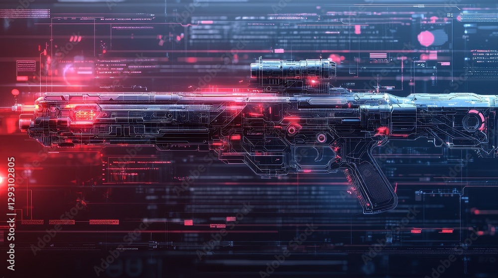 Fototapeta premium Futuristic weapon displayed against a digital background emphasizing modern technology and advanced armament capabilities