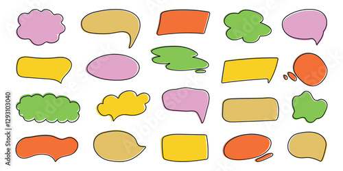 Speech bubble set in trendy doodle style. Handwritten Chat balloons for text, dialog icon, comic comments. Message in cloud frame, talk box. Cute isolated vector illustration on white background.