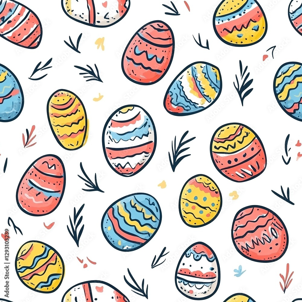 Seamless vector pattern with hand-drawn Easter eggs, Cute doodle design for print, textile, wallpaper, packaging, web posters. Flat-style illustration, perfect for festive Easter-themed projects. Seamless vector pattern with hand-drawn Easter eggs, Cute doodle design for print, textile, wallpaper, packaging, web posters. Flat-style illustration, perfect for festive Easter-themed projects.