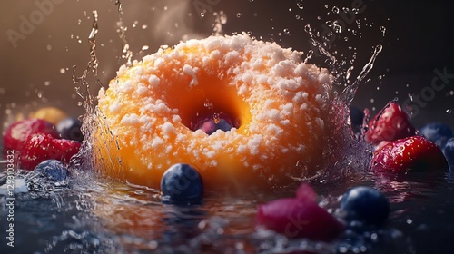 Absurd and hilarious product launch for non-existent splat donut featuring fruit explosion in super realistic setting. Generative AI