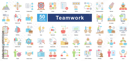 Teamwork icon set in Flat Color style, representing collaboration, communication, remote work, and leadership. Perfect for business, project management, and corporate environments.