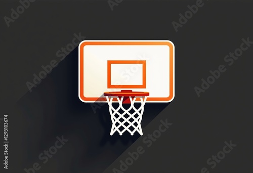 Modern Basketball Hoop Graphic: Simple vector illustration on black, featuring a basketball hoop with white outline, orange accents, flat design, and clean details.

