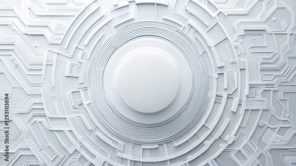 Obraz premium Abstract white technological circular design with circuit board pattern and central blank platform.