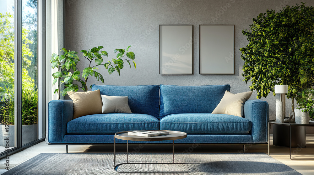 Fototapeta premium Modern living room with a blue sofa, embodying simplicity and contemporary design.