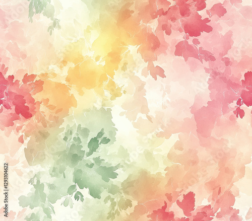 Soft pastel leaves in shades of pink, yellow, and green create serene background, Seamless Pattern Style.