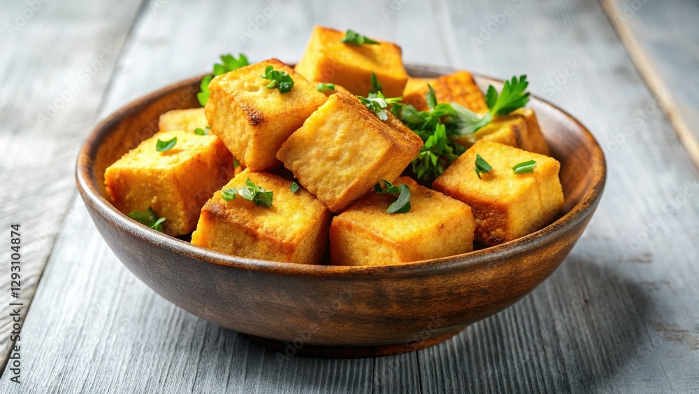 Delicious Golden Fried Cheese Tofu in Rustic Ceramic Bowl, Isolated White Background Delicious Golden Fried Cheese Tofu in Rustic Ceramic Bowl, Isolated White Background