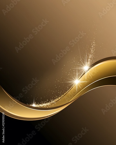 Abstract glowing gold curved element on soft brown  background with lighting effect glitter and sparkle with copy space for text. Luxury design style. Vector illustration