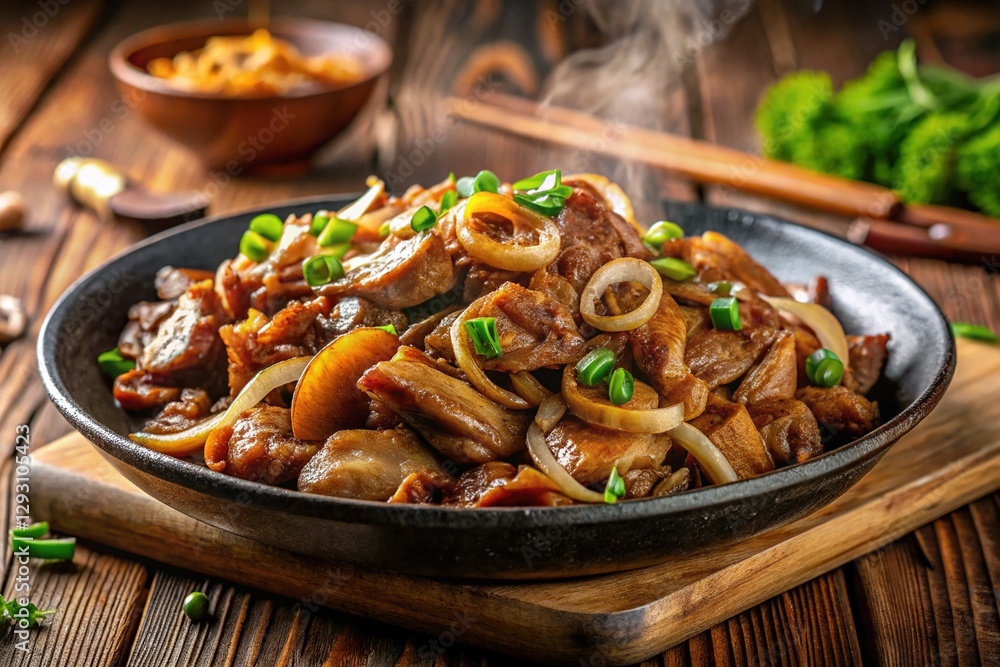 Delicious Sizzling Pork and Onions Stir-Fry, Close-Up Delicious Sizzling Pork and Onions Stir-Fry, Close-Up