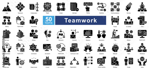 Teamwork icon set in Glyph style, representing collaboration, communication, remote work, and leadership. Perfect for business, project management, and corporate environments.