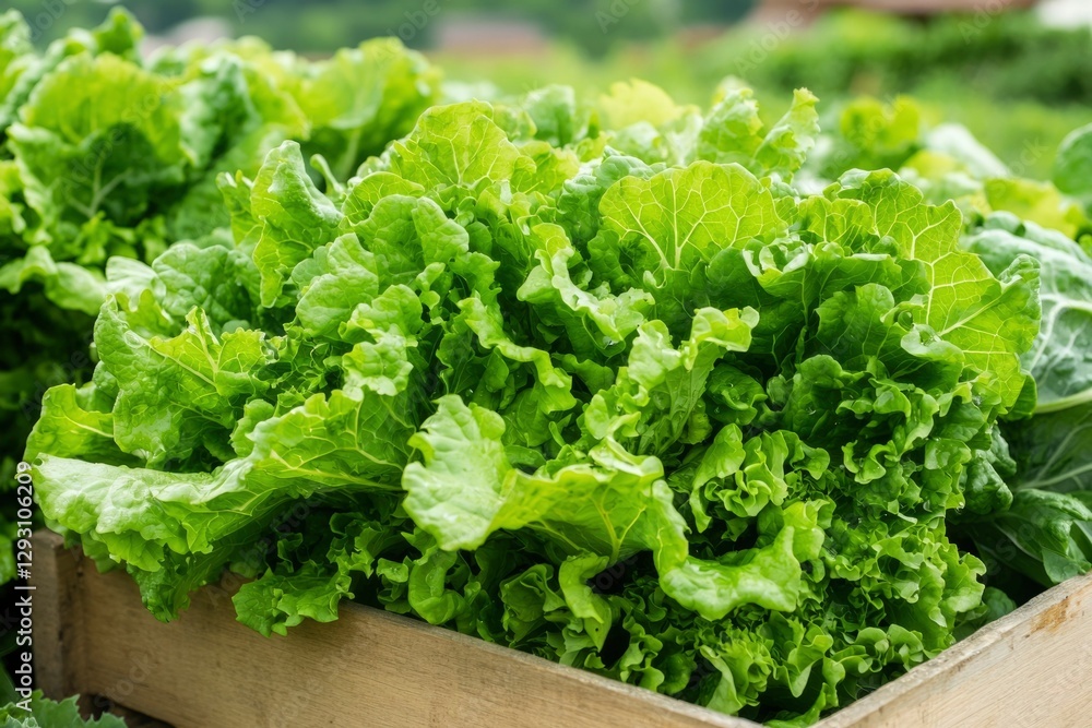 Fresh lettuce harvest in wooden crate at farm Fresh lettuce harvest in wooden crate at farm