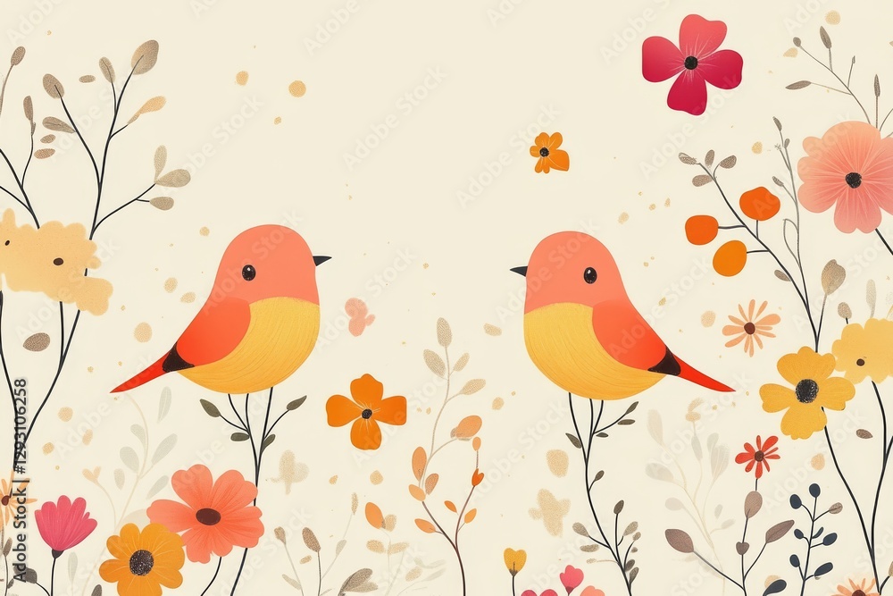Bright and colorful birds perched among vibrant flowers in a cheerful garden setting Bright and colorful birds perched among vibrant flowers in a cheerful garden setting