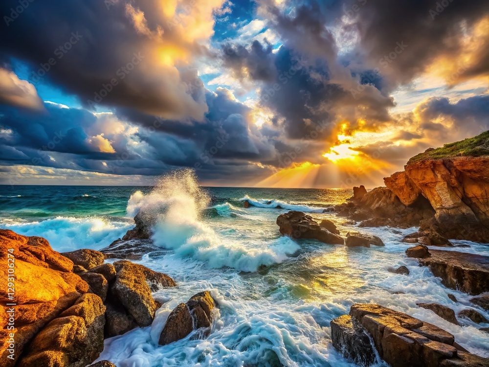 Obraz premium Dramatic Coastal Scene: Rocky Shoreline Meeting the Ocean