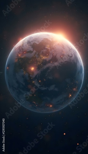 fantasy planet earth in space with stars, full moon in the night, nebula galaxy