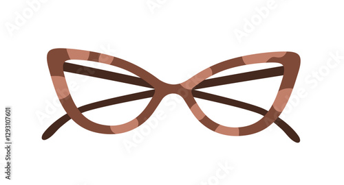 Cat-eye glasses. Modern fashion retro eyeglasses. Stylish eyewear with chic feminine frame, patterned rim design, elegant lenses, accessory. Flat vector illustration isolated on white background