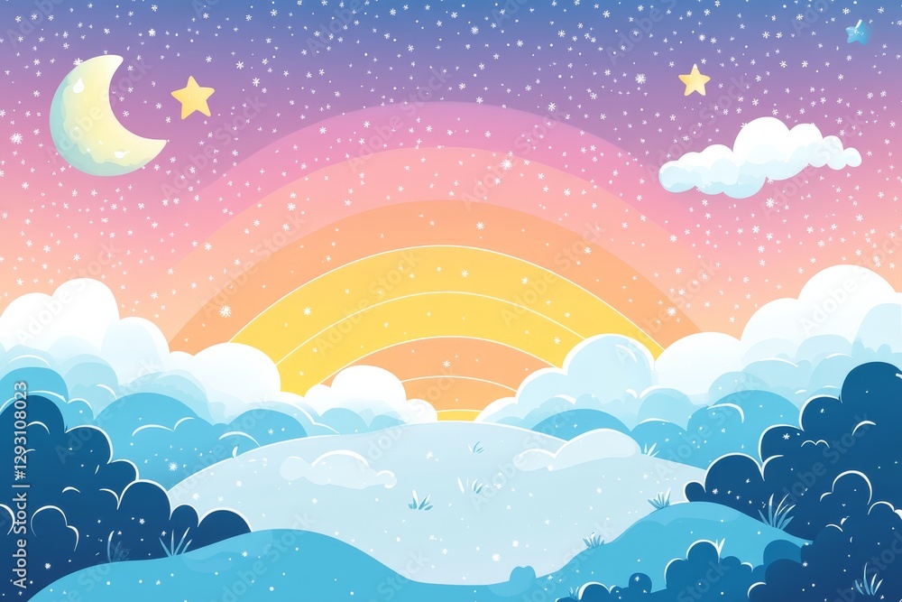 Colorful landscape with rainbow, moon, stars, and clouds during twilight in a whimsical style Colorful landscape with rainbow, moon, stars, and clouds during twilight in a whimsical style