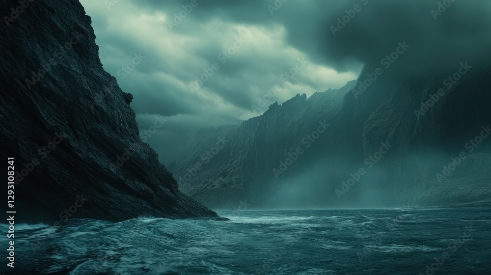 Naklejka premium Stormy Cliffs Overlooking Moody Sea Under Dark Sky