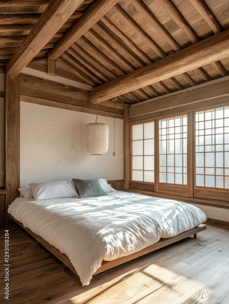 Elegant Japanese bedroom shows a bed with wooden frame Elegant Japanese bedroom shows a bed with wooden frame