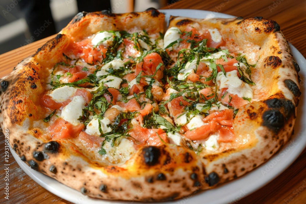 Wood-fired pizza with fresh mozzarella and basil on a wooden table Wood-fired pizza with fresh mozzarella and basil on a wooden table