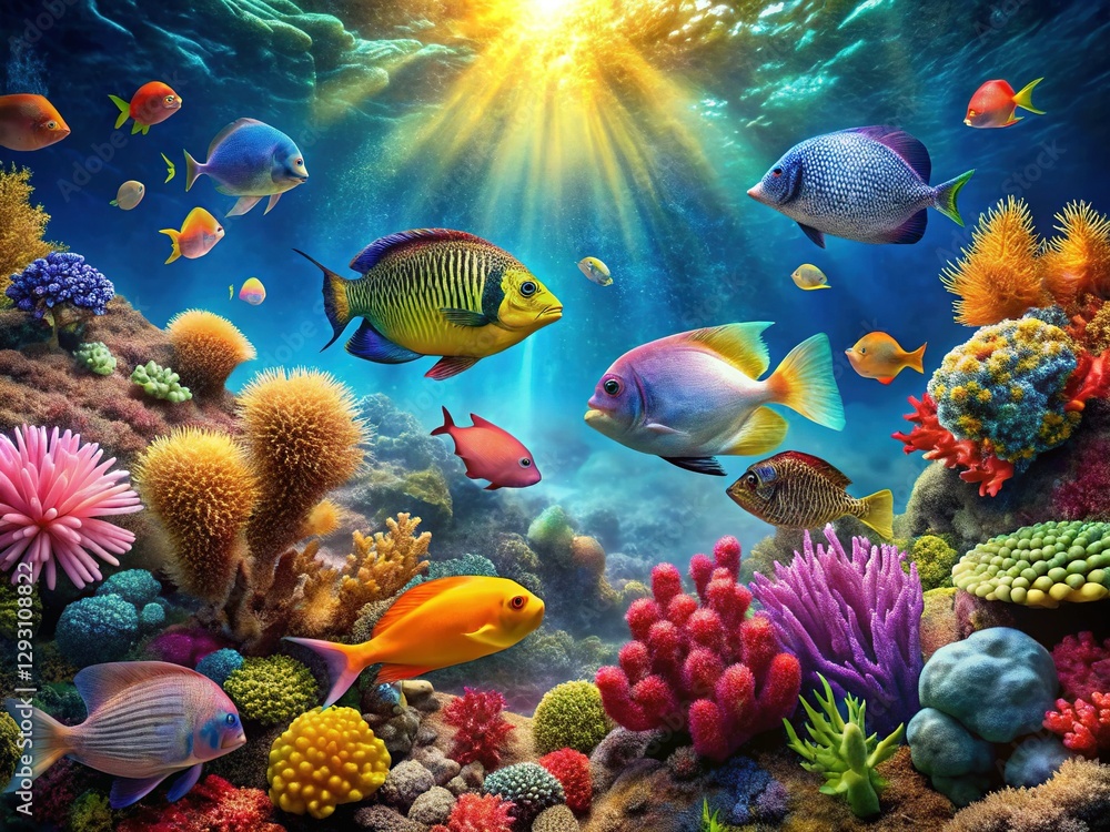 Naklejka premium Enchanting Underwater Paradise: Vibrant Coral Reef & Colorful Fish