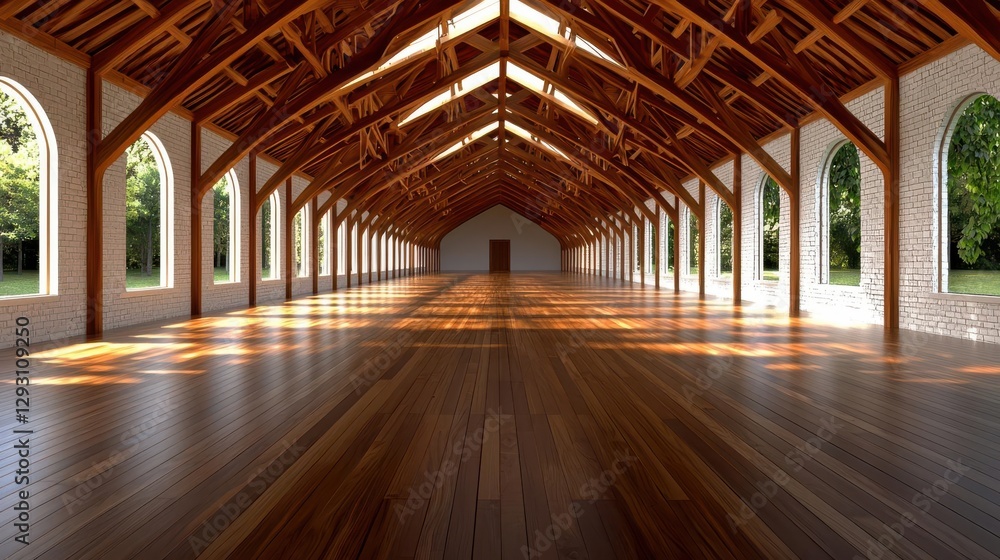 Fototapeta premium Spacious wooden interior with high ceiling and large windows, natural light streaming in.