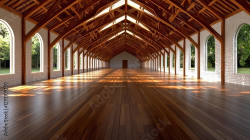 Spacious wooden interior with high ceiling and large windows, natural light streaming in.