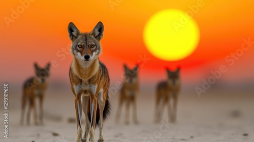 Pack of Jackals Scavenging for Food Under Dramatic Sunset on Dry Open Plain   Silhouetted Predators Searching for Sustenance in Arid Savanna Landscape photo