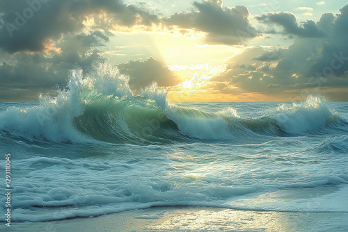 Coastal Majesty, Waves crash under a dramatic sky at sunset hour