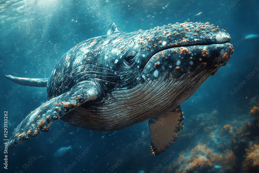 Fototapeta premium Majestic Humpback Whale Drifting Gently Through the Azure Depths