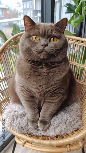 Chunky cat lounging in wicker chair indoors photo