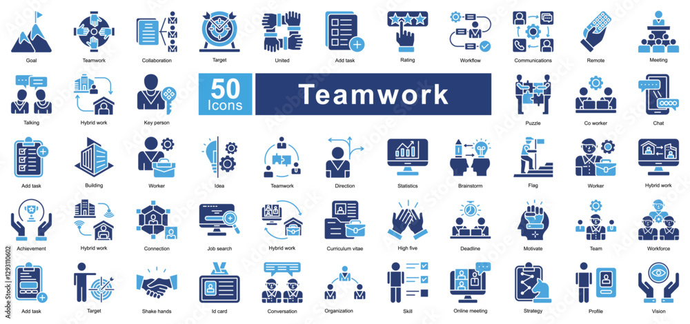 custom made wallpaper toronto digitalTeamwork icon set in Two Color style, representing collaboration, communication, remote work, and leadership. Perfect for business, project management, and corporate environments.