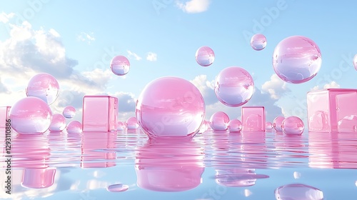 Pink spheres and cubes float on calm water under a cloudy sky; perfect for dreamy, serene backgrounds