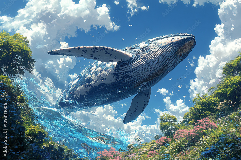 Naklejka premium Majestic Whale Ascending from Crystalline Waters into a Floral Paradise