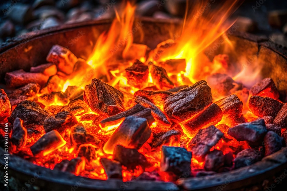 Glowing Embers in a Dark Fire Pit - Warm Night Scene Stock Photo Glowing Embers in a Dark Fire Pit - Warm Night Scene Stock Photo