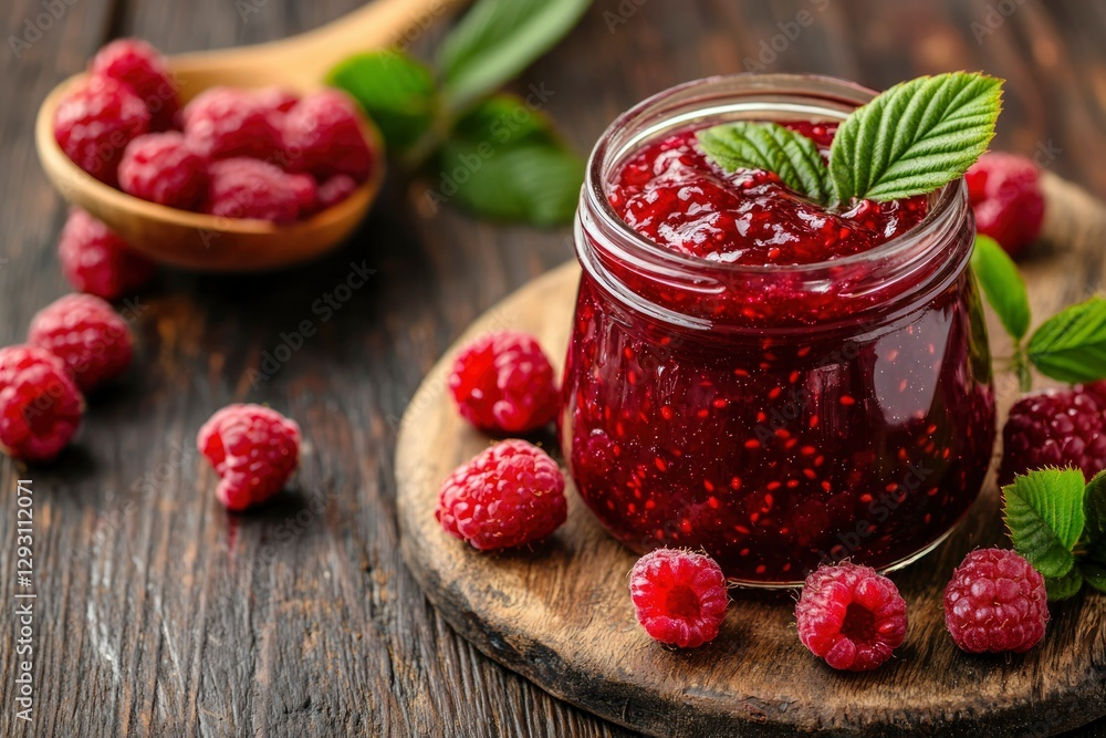 Raspberry Jam in Jar with Fresh Berries on Rustic Wood Raspberry Jam in Jar with Fresh Berries on Rustic Wood