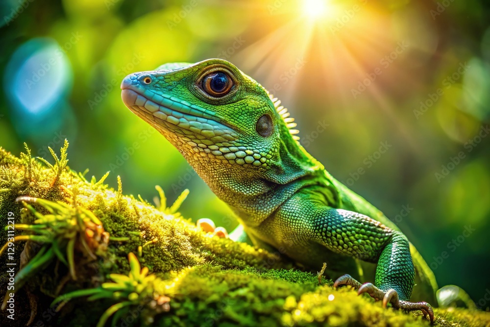 Fototapeta premium Green Lizard Sunbathing on Lush Branch - Stock Photo