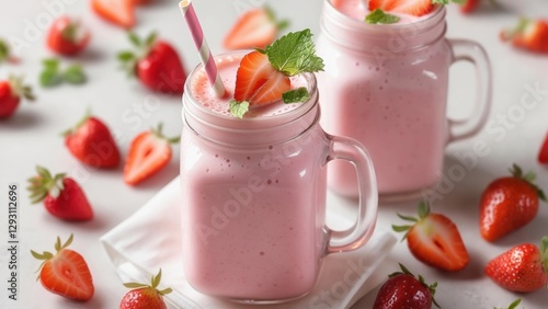Wallpaper Mural Two refreshing strawberry smoothies served with fresh strawberries and mint leaves Torontodigital.ca