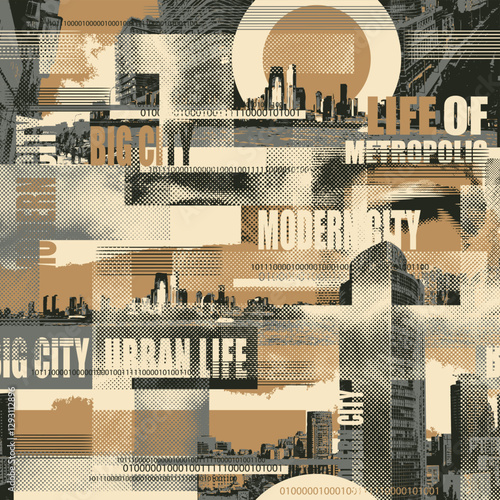 Abstract seamless pattern with newspaper headlines, urban landscapes. Chaotic vector background on the theme of city life in retro style. Wallpaper, wrapping paper, fabric design