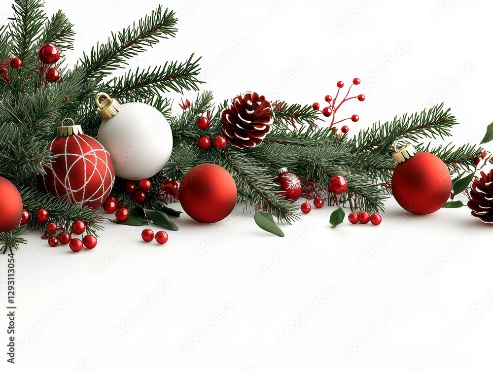 Festive Christmas Border with Ornaments and Pine Branches. Festive Christmas Border with Ornaments and Pine Branches.