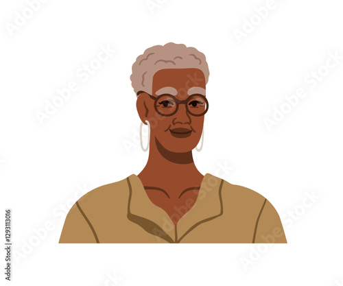 Black woman, head portrait. African-American senior mature gray-haired female face in glasses, smiling friendly. Modern style aged lady. Flat vector illustration isolated on white background