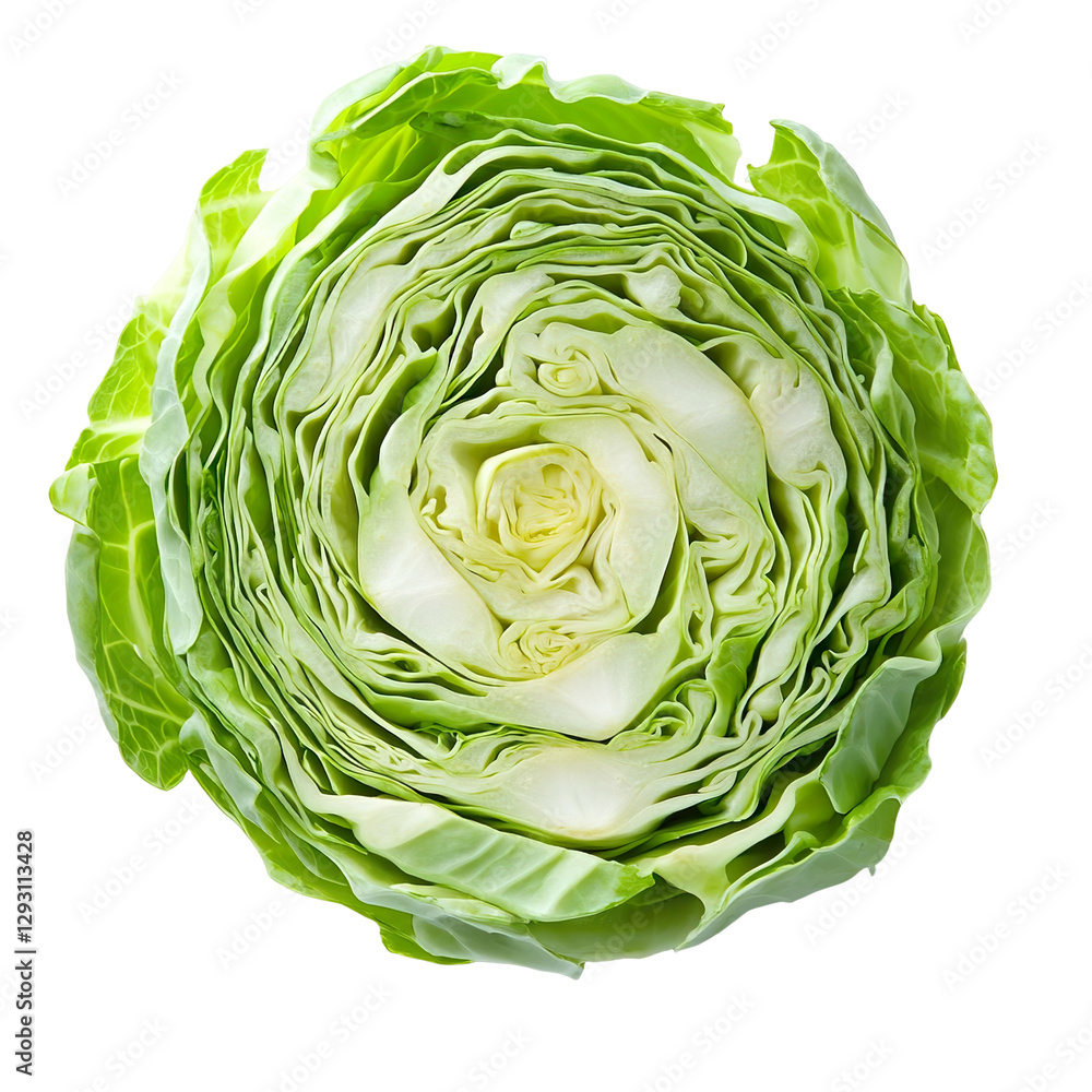 Fototapeta premium Extreme front view of a perfectly beautiful hyperrealistic single raw raw cabbage vegetable slice isolated on a white transparent background