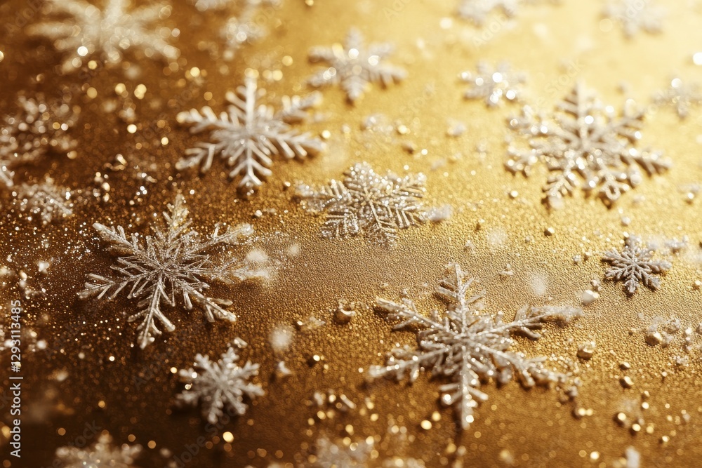 Beautiful white snowflakes delicately resting on a shimmering gold surface during a winter wonderland setting Beautiful white snowflakes delicately resting on a shimmering gold surface during a winter wonderland setting
