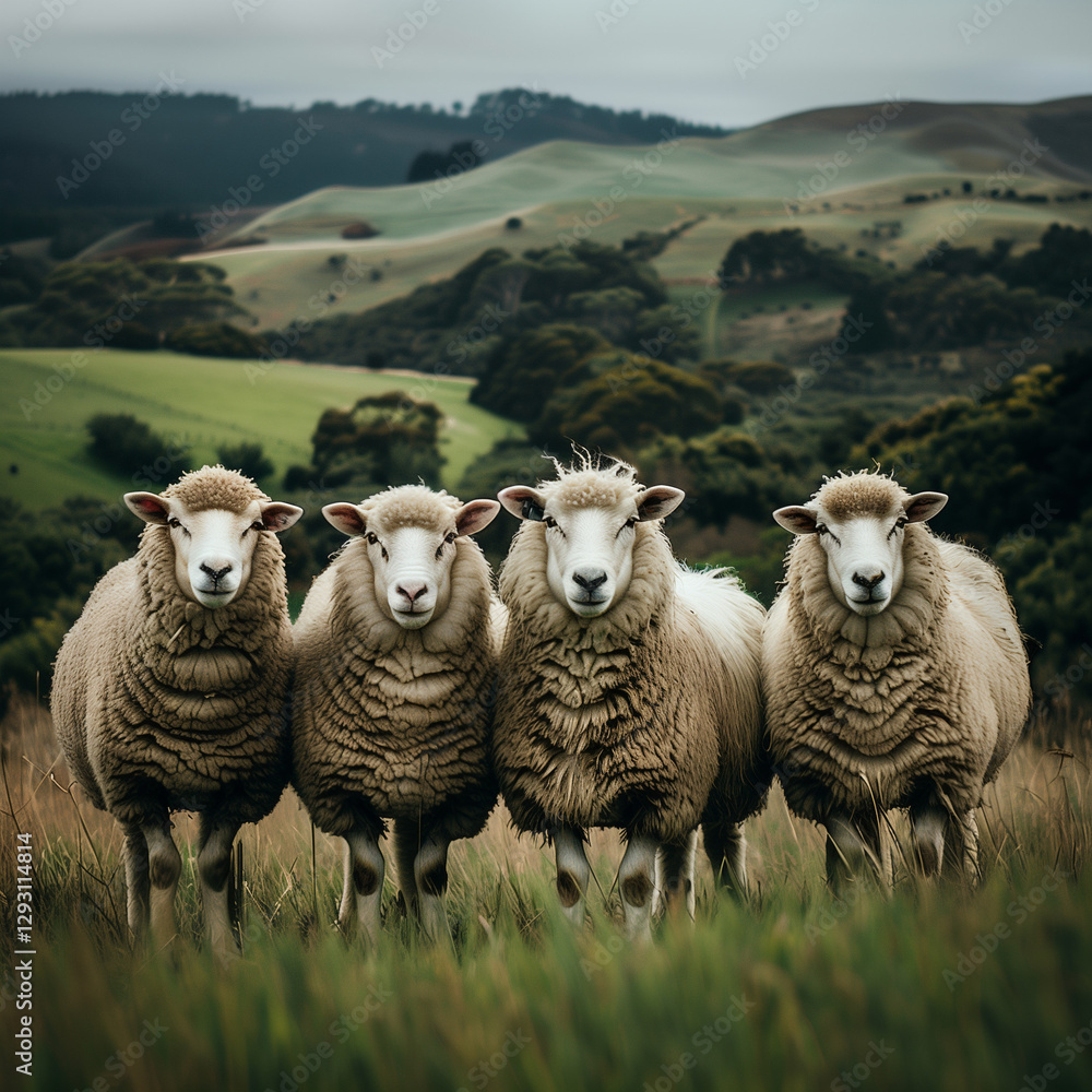 Fototapeta premium Group of fluffy sheep standing on a green meadow with rolling hills in the background
