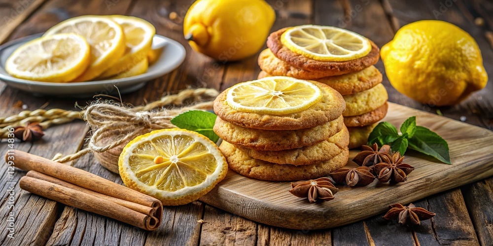 Lemon & Cinnamon Cookies with Slices, Baking Background, Text Space Lemon & Cinnamon Cookies with Slices, Baking Background, Text Space