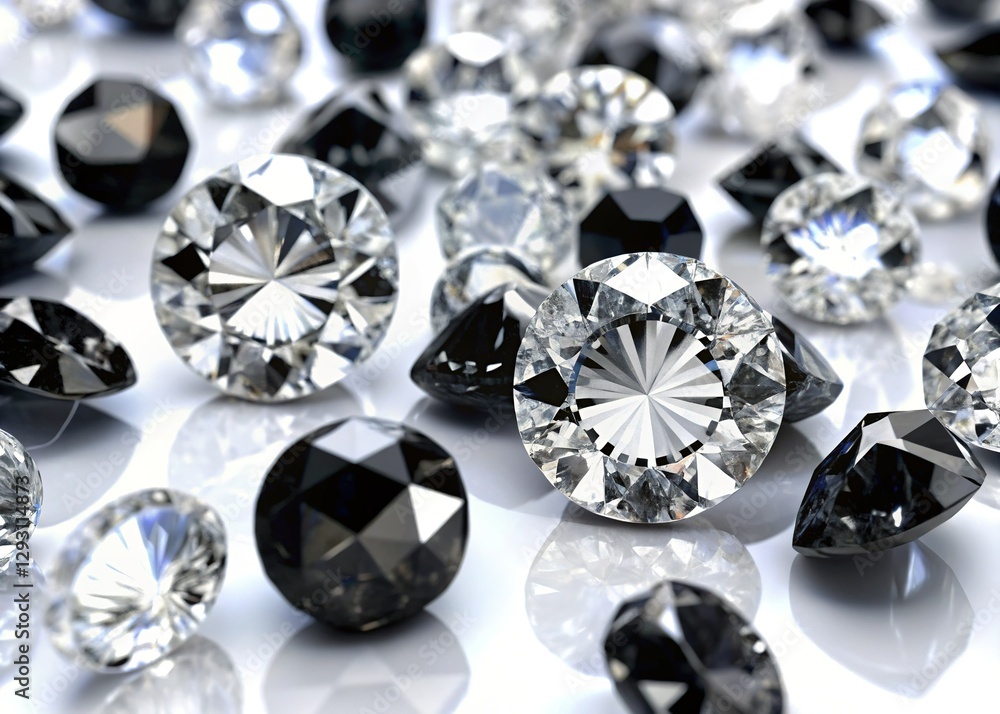 Loose Round Cut Black & White Diamonds on White Background - Stock Photo Loose Round Cut Black & White Diamonds on White Background - Stock Photo