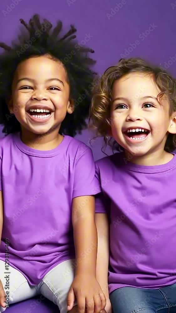 Portrait of laughing Toddler children of different races on bright purple background. Multicultural group of little happy children, cheerful childhood, kindergarten concept, friends Portrait of laughing Toddler children of different races on bright purple background. Multicultural group of little happy children, cheerful childhood, kindergarten concept, friends