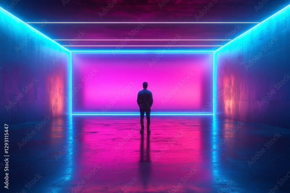 Person standing alone in a vibrant neon-lit room with colorful glowing lights and reflections on the floor Person standing alone in a vibrant neon-lit room with colorful glowing lights and reflections on the floor