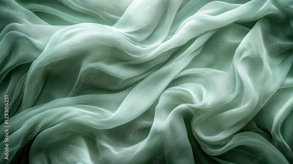 Fototapeta premium Draped sage green fabric, studio shot, soft lighting, texture background, design