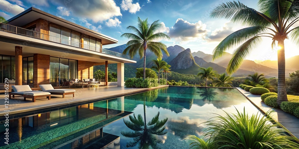 Fototapeta premium Luxury Tropical Villa with Private Pool & Stunning Mountain Views - Stock Photo