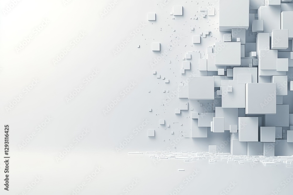 Abstract 3D white cubes creating dynamic structures on a smooth surface in a minimalist environment Abstract 3D white cubes creating dynamic structures on a smooth surface in a minimalist environment